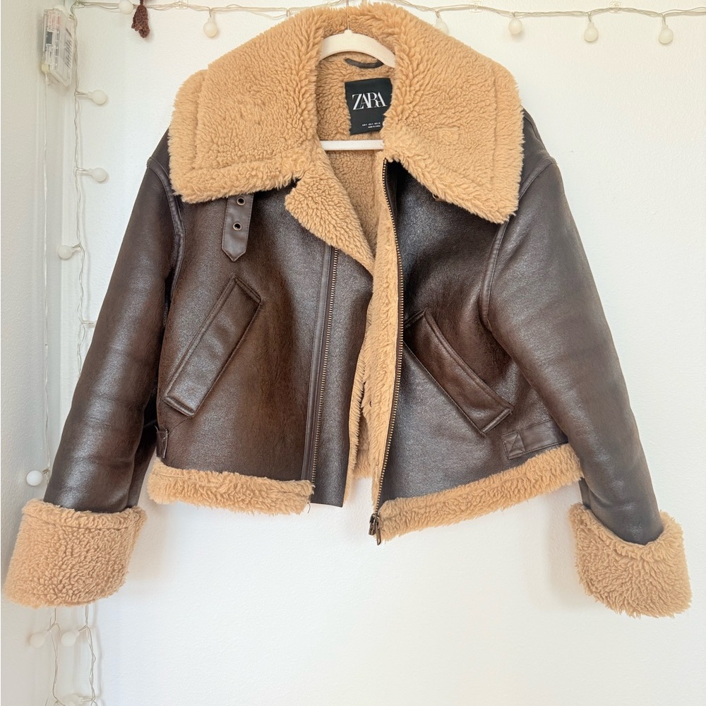 Zara Women's Dark Brown and Tan Teddy Jacket